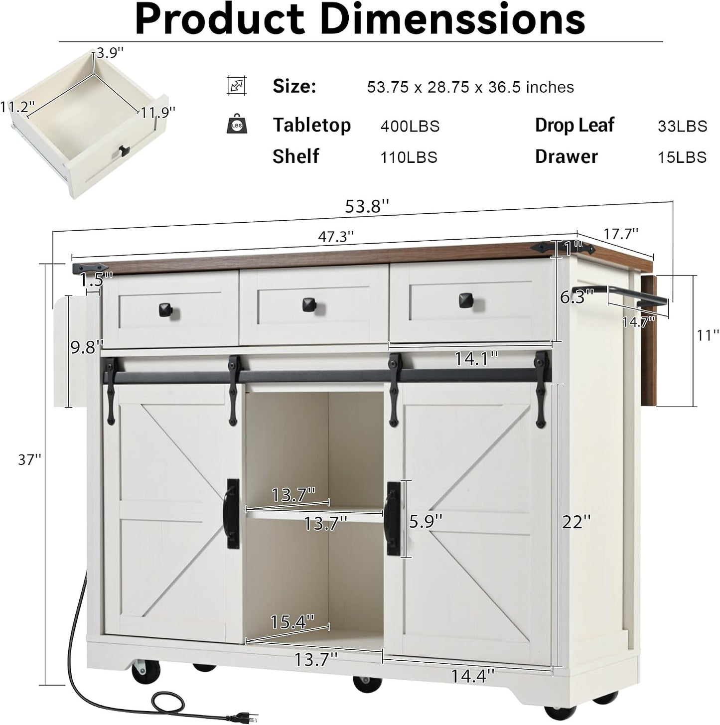53.7" Farmhouse Kitchen Island Cart with Charging Station, Rolling Kitchen Island Table with Drop-Leaf, 3 Drawers, Barn Doors, Large, White