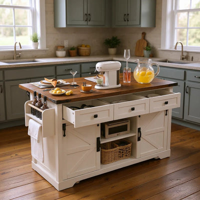 Homy Casa Farmhouse 53.7" Rolling Kitchen Island with Storage Cabinet, Sliding Barn Doors, Wood Top Storage Cart