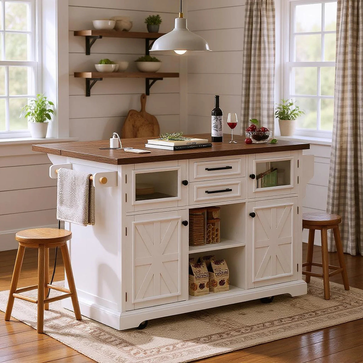 Homy Casa Farmhouse 53.7" Rolling Kitchen Island with Storage Cabinet, Sliding Barn Doors, Wood Top Storage Cart