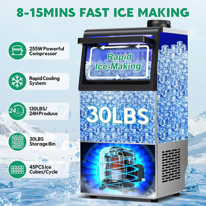 Commercial Ice Maker Machine 130Lbs/24H, 30Lbs Storage, 2 Water Inlet Modes | 45Pcs Clear Ice Cubes Ready in 8-15Mins, Stainless Steel, Supports 3/5-Gallon Bottle, Fast Ice Making Anto-Clean