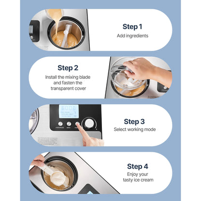 Automatic Ice Cream Maker with Built-In Compressor, 2 Quart No Pre-Freezing Fruit Yogurt Machine, Stainless Steel Electric Sorbet Maker, 3 Modes Gelato Maker with LCD Display & Timer, Silver