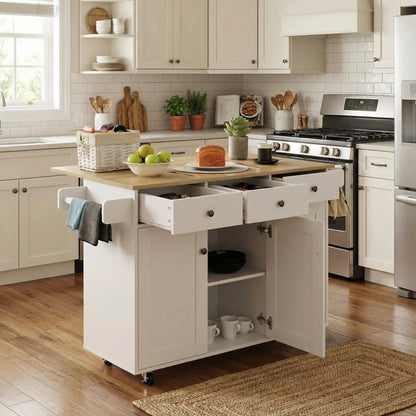 Homy Casa Farmhouse 53.7" Rolling Kitchen Island with Storage Cabinet, Sliding Barn Doors, Wood Top Storage Cart