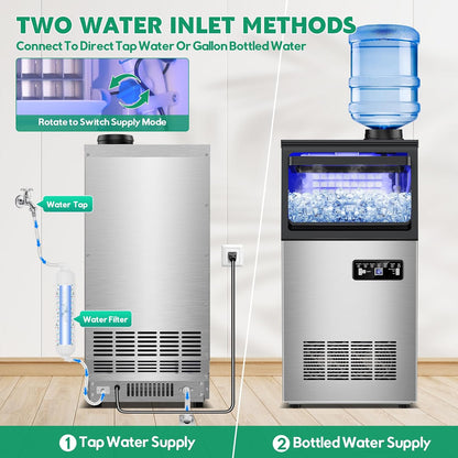 Commercial Ice Maker Machine 130Lbs/24H, 30Lbs Storage, 2 Water Inlet Modes | 45Pcs Clear Ice Cubes Ready in 8-15Mins, Stainless Steel, Supports 3/5-Gallon Bottle, Fast Ice Making Anto-Clean