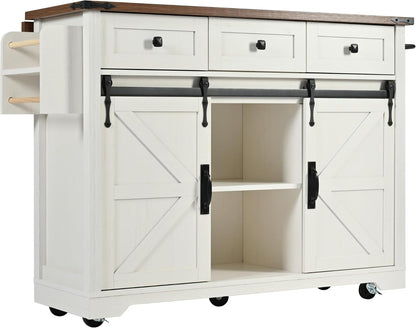 53.7" Farmhouse Kitchen Island Cart with Charging Station, Rolling Kitchen Island Table with Drop-Leaf, 3 Drawers, Barn Doors, Large, White