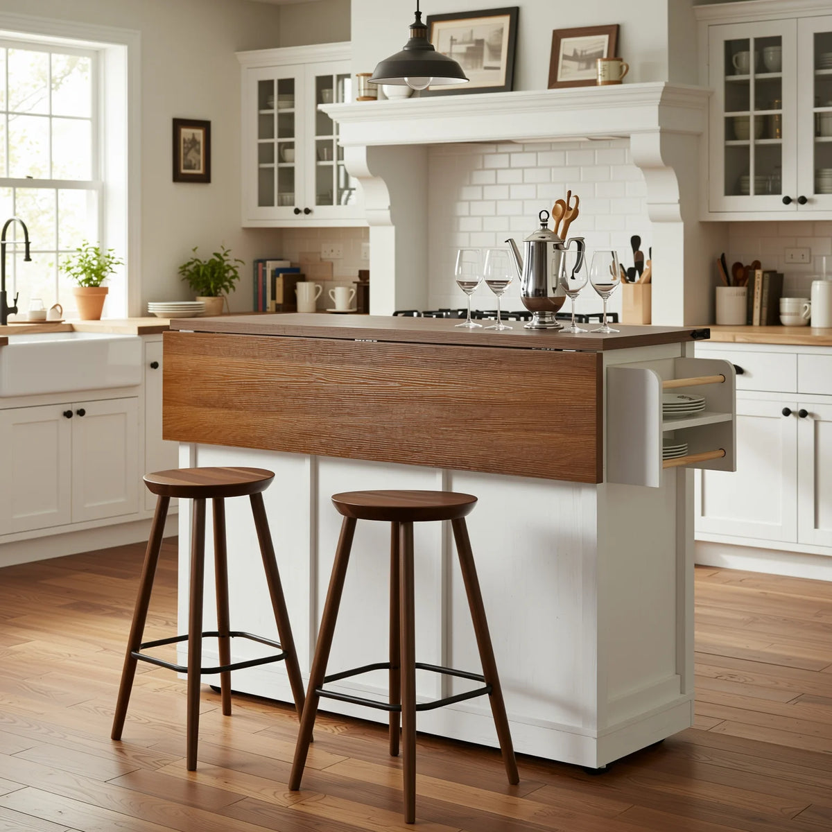 Homy Casa Farmhouse 53.7" Rolling Kitchen Island with Storage Cabinet, Sliding Barn Doors, Wood Top Storage Cart