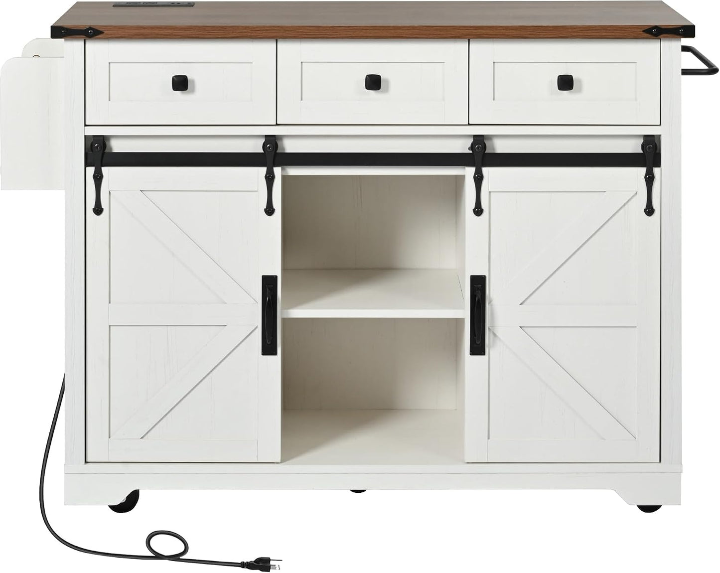 53.7" Farmhouse Kitchen Island Cart with Charging Station, Rolling Kitchen Island Table with Drop-Leaf, 3 Drawers, Barn Doors, Large, White