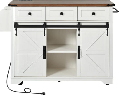 53.7" Farmhouse Kitchen Island Cart with Charging Station, Rolling Kitchen Island Table with Drop-Leaf, 3 Drawers, Barn Doors, Large, White