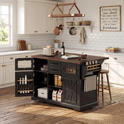 Homy Casa Farmhouse 53.7" Rolling Kitchen Island with Storage Cabinet, Sliding Barn Doors, Wood Top Storage Cart