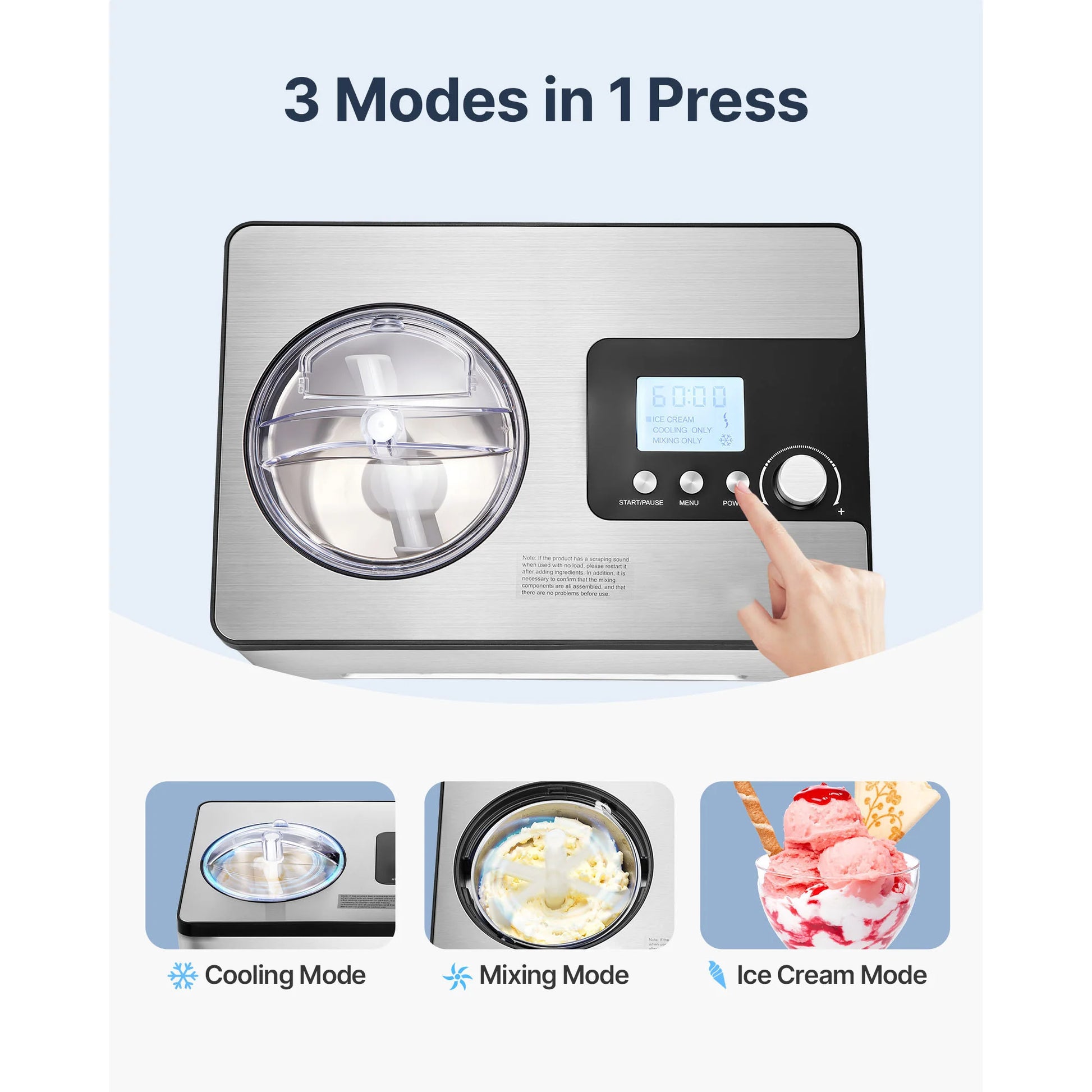 Automatic Ice Cream Maker with Built-In Compressor, 2 Quart No Pre-Freezing Fruit Yogurt Machine, Stainless Steel Electric Sorbet Maker, 3 Modes Gelato Maker with LCD Display & Timer, Silver