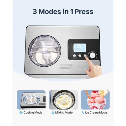 Automatic Ice Cream Maker with Built-In Compressor, 2 Quart No Pre-Freezing Fruit Yogurt Machine, Stainless Steel Electric Sorbet Maker, 3 Modes Gelato Maker with LCD Display & Timer, Silver