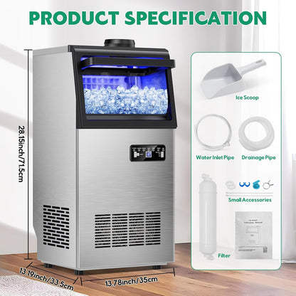 Commercial Ice Maker Machine 130Lbs/24H, 30Lbs Storage, 2 Water Inlet Modes | 45Pcs Clear Ice Cubes Ready in 8-15Mins, Stainless Steel, Supports 3/5-Gallon Bottle, Fast Ice Making Anto-Clean