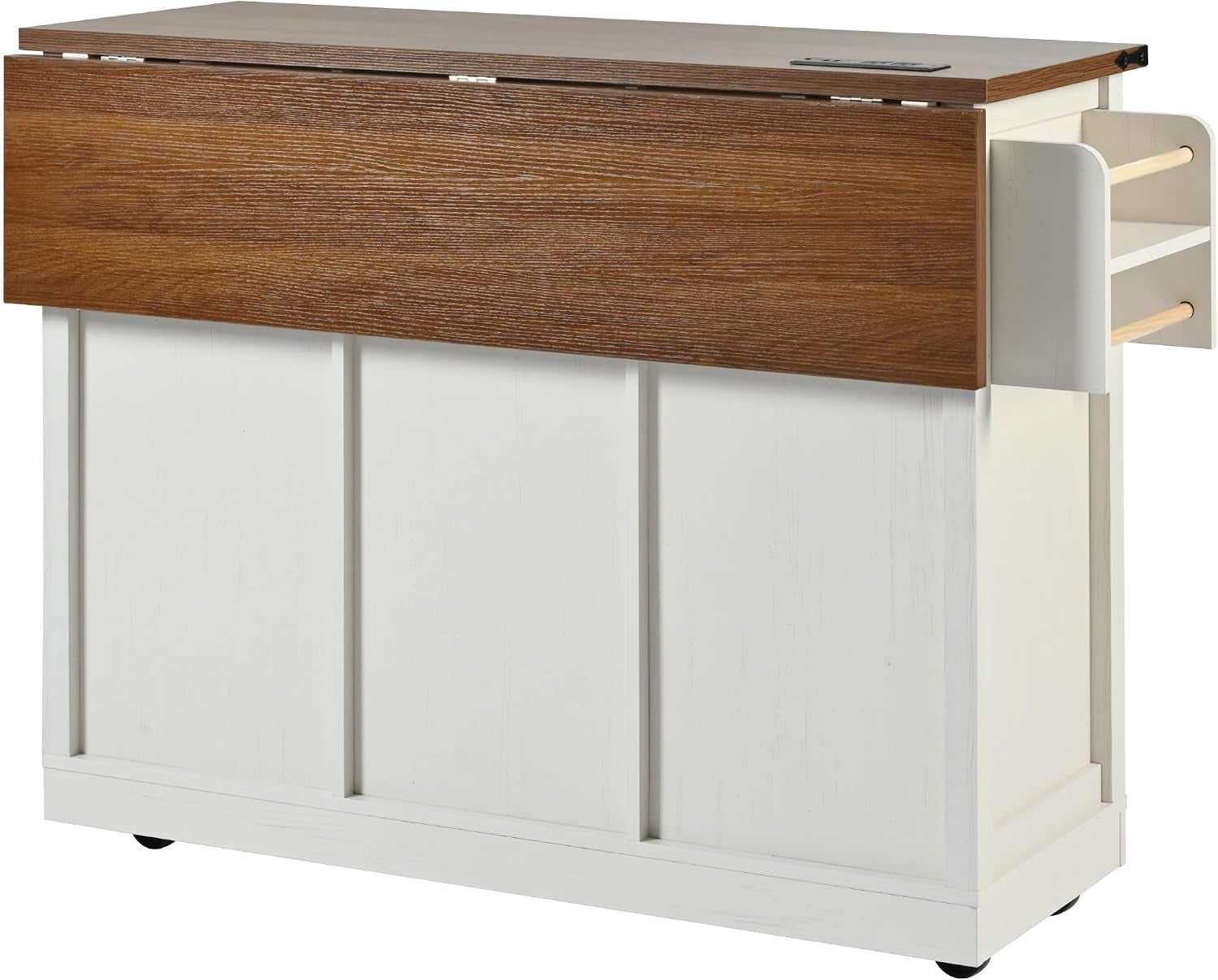 53.7" Farmhouse Kitchen Island Cart with Charging Station, Rolling Kitchen Island Table with Drop-Leaf, 3 Drawers, Barn Doors, Large, White