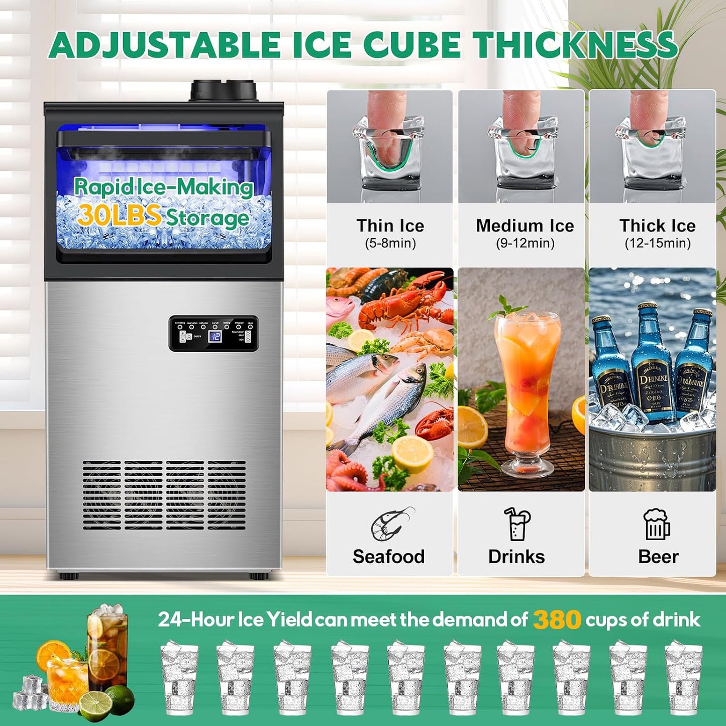 Commercial Ice Maker Machine 130Lbs/24H, 30Lbs Storage, 2 Water Inlet Modes | 45Pcs Clear Ice Cubes Ready in 8-15Mins, Stainless Steel, Supports 3/5-Gallon Bottle, Fast Ice Making Anto-Clean