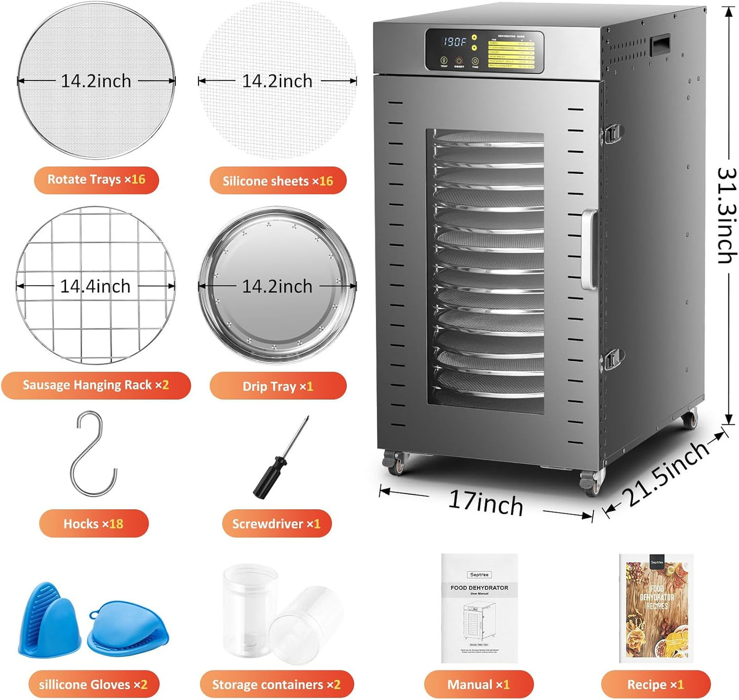 360 Rotating Dehydrator 16 Trays, Commercial Large Capacity Auto-Rotate Food Dryer Machine with Timer, for Beef Jerky Herbs Dog Treats, 1500W Fast Drying Industrial Dehydrater Stainless Steel