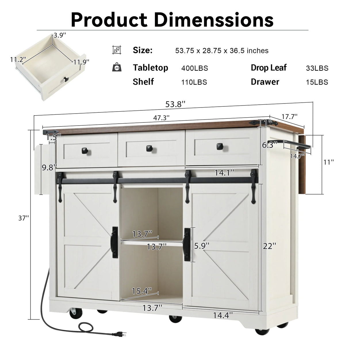 Homy Casa Farmhouse 53.7" Rolling Kitchen Island with Storage Cabinet, Sliding Barn Doors, Wood Top Storage Cart