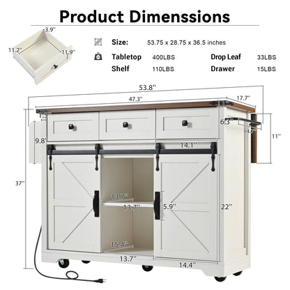 Homy Casa Farmhouse 53.7" Rolling Kitchen Island with Storage Cabinet, Sliding Barn Doors, Wood Top Storage Cart