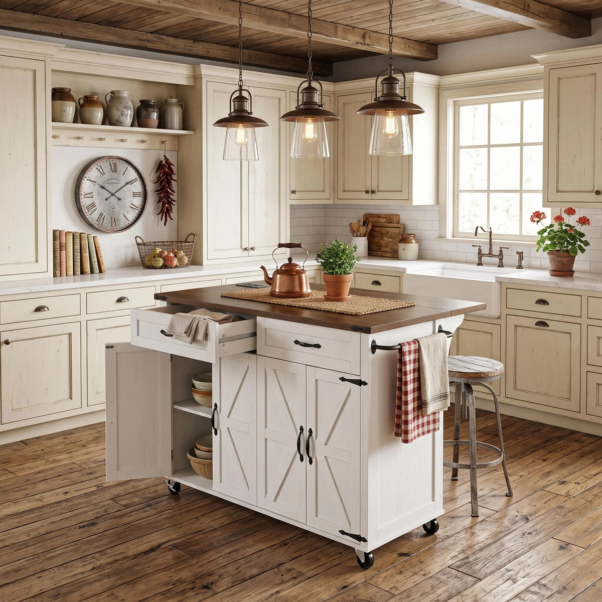 Homy Casa Farmhouse 53.7" Rolling Kitchen Island with Storage Cabinet, Sliding Barn Doors, Wood Top Storage Cart