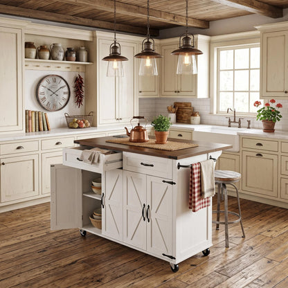 Homy Casa Farmhouse 53.7" Rolling Kitchen Island with Storage Cabinet, Sliding Barn Doors, Wood Top Storage Cart