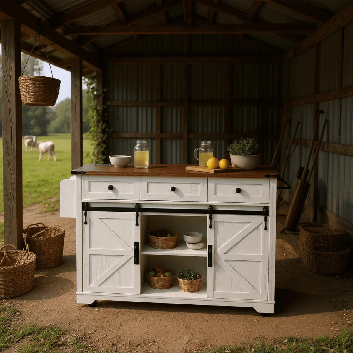 Homy Casa Farmhouse 53.7" Rolling Kitchen Island with Storage Cabinet, Sliding Barn Doors, Wood Top Storage Cart