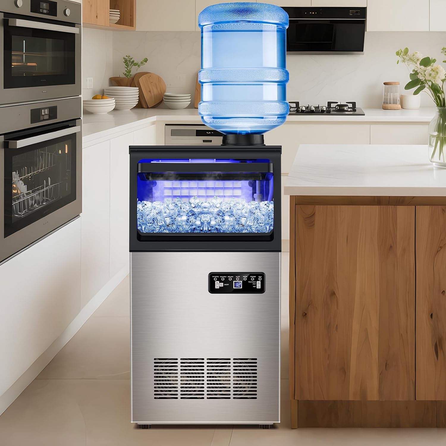 Commercial Ice Maker Machine 130Lbs/24H, 30Lbs Storage, 2 Water Inlet Modes | 45Pcs Clear Ice Cubes Ready in 8-15Mins, Stainless Steel, Supports 3/5-Gallon Bottle, Fast Ice Making Anto-Clean