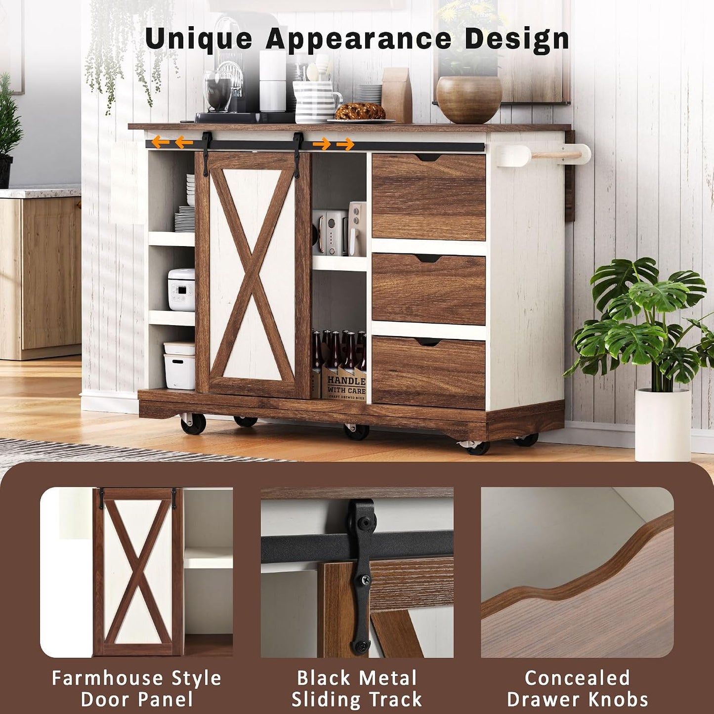 55.5" Farmhouse Kitchen Island with Drop Leaf, Kitchen Storage Island with Barn Door, Power Outlet, Rolling Kitchen Cart on Wheels with Spice Rack, for Home, Kitchen, Dining Room, White