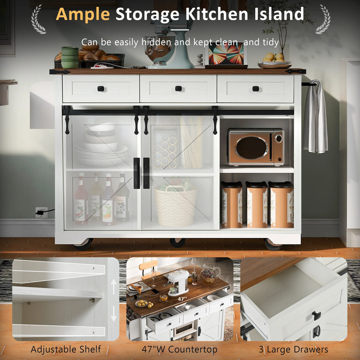 Homy Casa Farmhouse 53.7" Rolling Kitchen Island with Storage Cabinet, Sliding Barn Doors, Wood Top Storage Cart