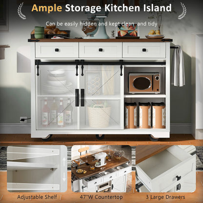 Homy Casa Farmhouse 53.7" Rolling Kitchen Island with Storage Cabinet, Sliding Barn Doors, Wood Top Storage Cart