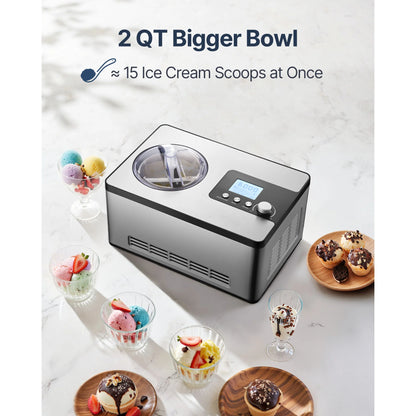 Automatic Ice Cream Maker with Built-In Compressor, 2 Quart No Pre-Freezing Fruit Yogurt Machine, Stainless Steel Electric Sorbet Maker, 3 Modes Gelato Maker with LCD Display & Timer, Silver