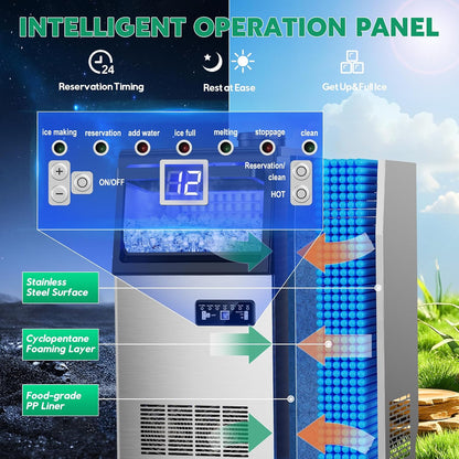 Commercial Ice Maker Machine 130Lbs/24H, 30Lbs Storage, 2 Water Inlet Modes | 45Pcs Clear Ice Cubes Ready in 8-15Mins, Stainless Steel, Supports 3/5-Gallon Bottle, Fast Ice Making Anto-Clean