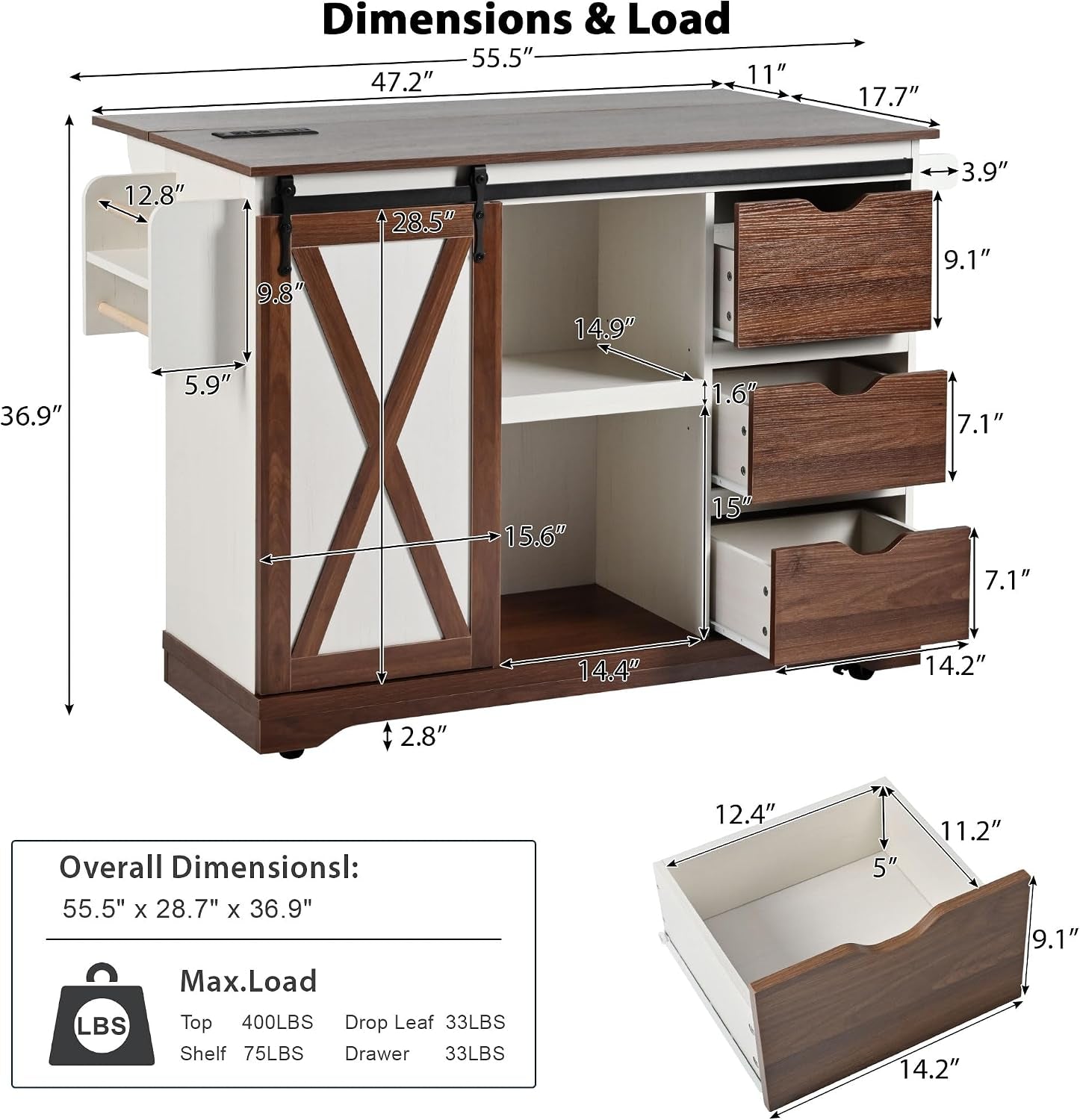 55.5" Farmhouse Kitchen Island with Drop Leaf, Kitchen Storage Island with Barn Door, Power Outlet, Rolling Kitchen Cart on Wheels with Spice Rack, for Home, Kitchen, Dining Room, White
