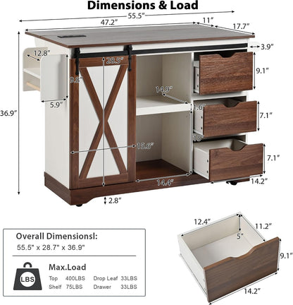 55.5" Farmhouse Kitchen Island with Drop Leaf, Kitchen Storage Island with Barn Door, Power Outlet, Rolling Kitchen Cart on Wheels with Spice Rack, for Home, Kitchen, Dining Room, White