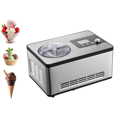 Automatic Ice Cream Maker with Built-In Compressor, 2 Quart No Pre-Freezing Fruit Yogurt Machine, Stainless Steel Electric Sorbet Maker, 3 Modes Gelato Maker with LCD Display & Timer, Silver