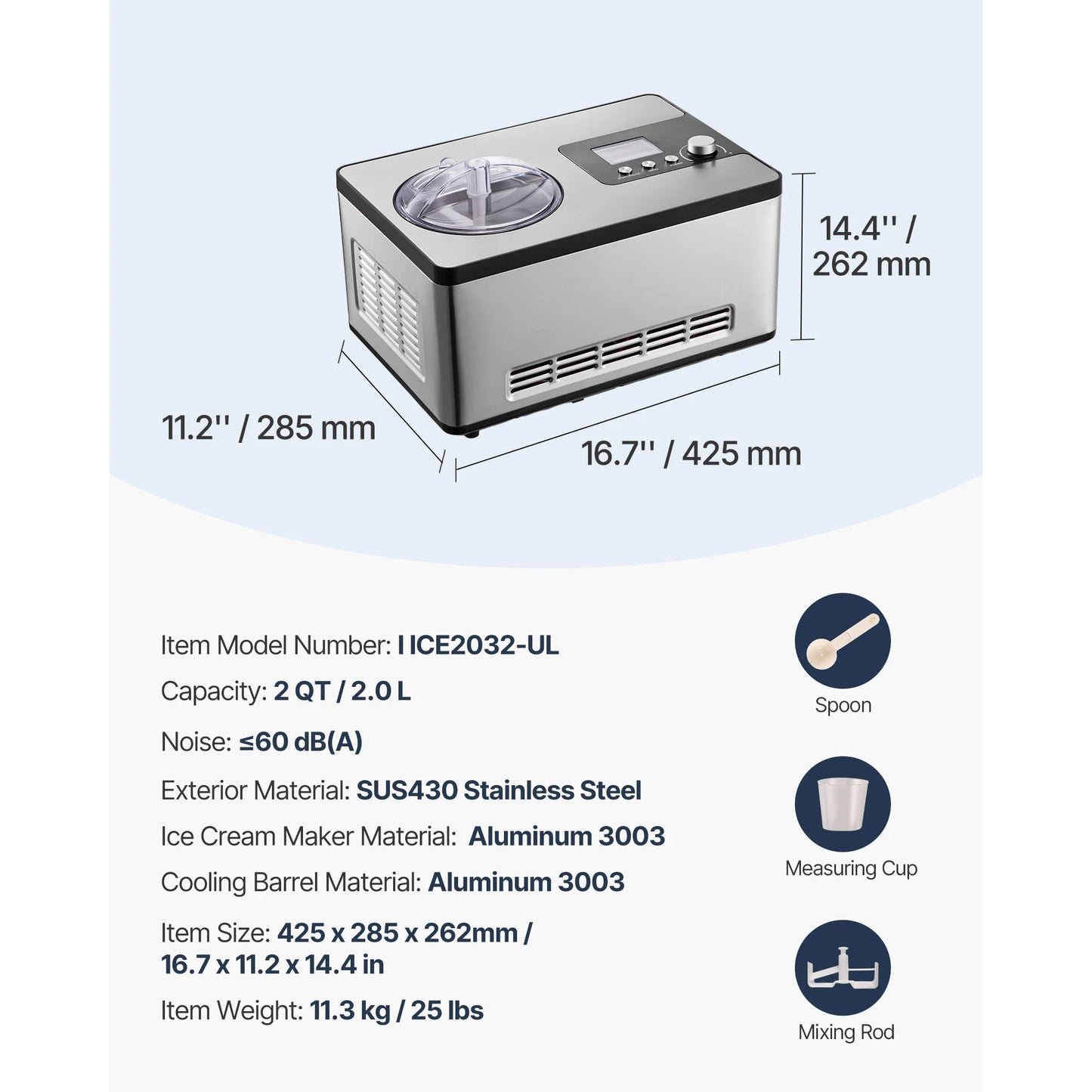 Automatic Ice Cream Maker with Built-In Compressor, 2 Quart No Pre-Freezing Fruit Yogurt Machine, Stainless Steel Electric Sorbet Maker, 3 Modes Gelato Maker with LCD Display & Timer, Silver