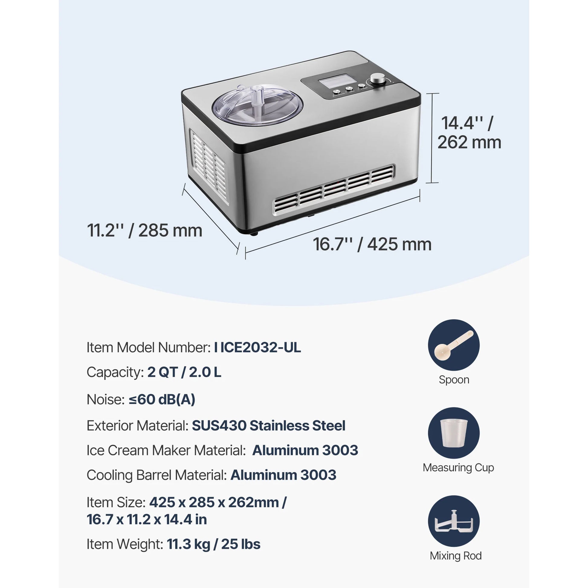 Automatic Ice Cream Maker with Built-In Compressor, 2 Quart No Pre-Freezing Fruit Yogurt Machine, Stainless Steel Electric Sorbet Maker, 3 Modes Gelato Maker with LCD Display & Timer, Silver