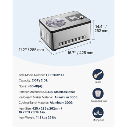 Automatic Ice Cream Maker with Built-In Compressor, 2 Quart No Pre-Freezing Fruit Yogurt Machine, Stainless Steel Electric Sorbet Maker, 3 Modes Gelato Maker with LCD Display & Timer, Silver