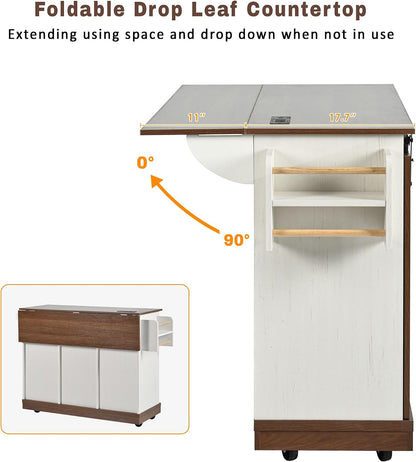 55.5" Farmhouse Kitchen Island with Drop Leaf, Kitchen Storage Island with Barn Door, Power Outlet, Rolling Kitchen Cart on Wheels with Spice Rack, for Home, Kitchen, Dining Room, White