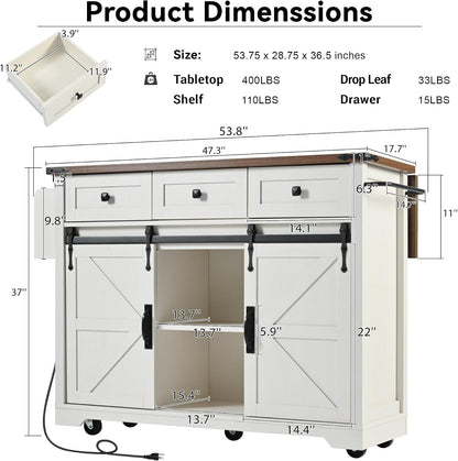 53.7" Farmhouse Kitchen Island Cart with Charging Station, Rolling Kitchen Island Table with Drop-Leaf, 3 Drawers, Barn Doors, Large, White