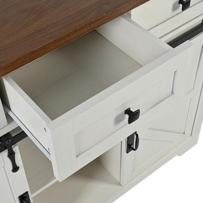 53.7" Farmhouse Kitchen Island Cart with Charging Station, Rolling Kitchen Island Table with Drop-Leaf, 3 Drawers, Barn Doors, Large, White