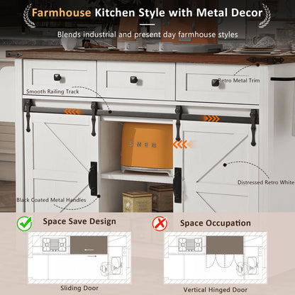 Homy Casa Farmhouse 53.7" Rolling Kitchen Island with Storage Cabinet, Sliding Barn Doors, Wood Top Storage Cart