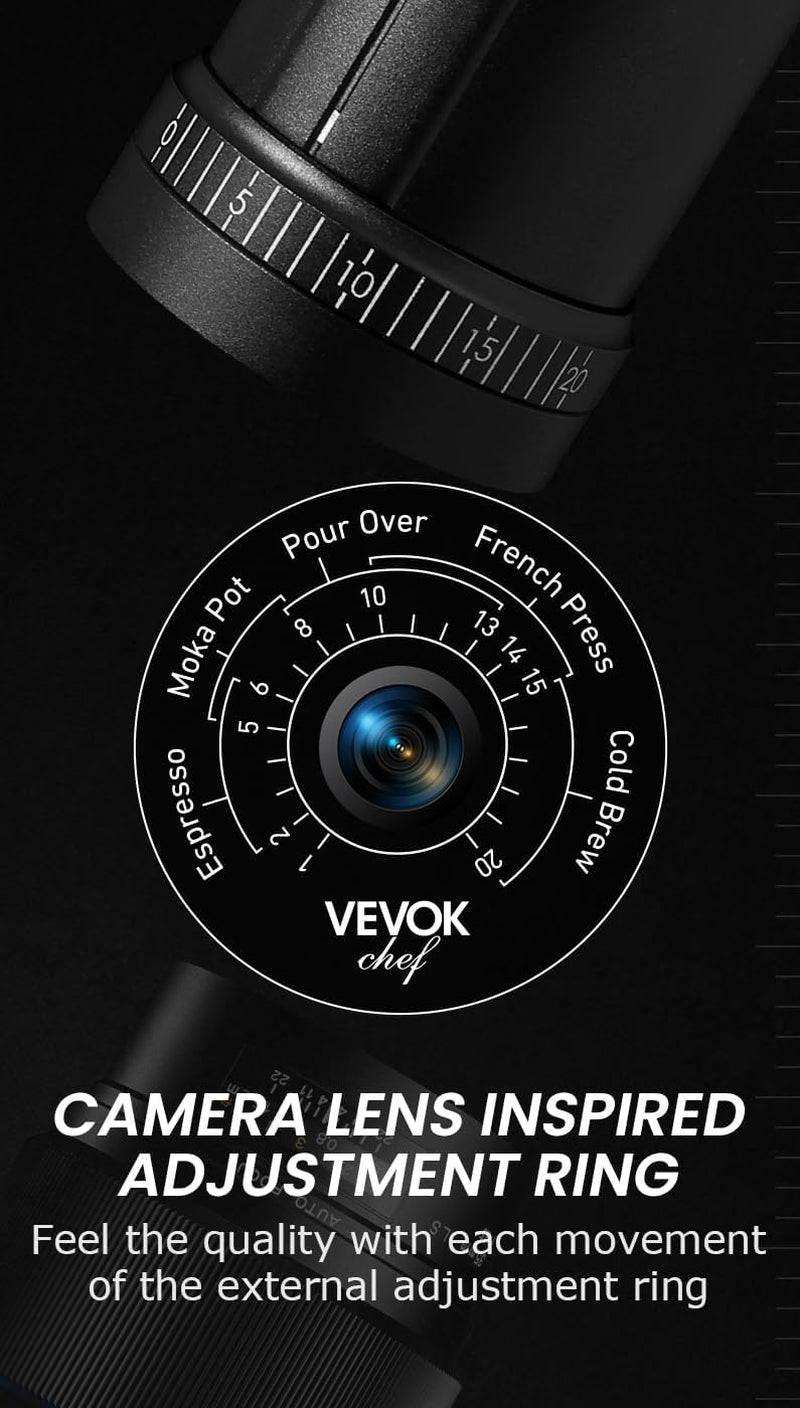 VEVOK CHEF Manual Coffee Grinder & #2 Cone Coffee Filters Bundle - 20 Levels Adjustable Burr Grinder with 200PCS Unbleached Natural Paper Filters, Complete Pour-Over Coffee Kit for Home & Travel