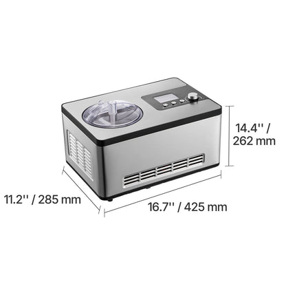 Automatic Ice Cream Maker with Built-In Compressor, 2 Quart No Pre-Freezing Fruit Yogurt Machine, Stainless Steel Electric Sorbet Maker, 3 Modes Gelato Maker with LCD Display & Timer, Silver