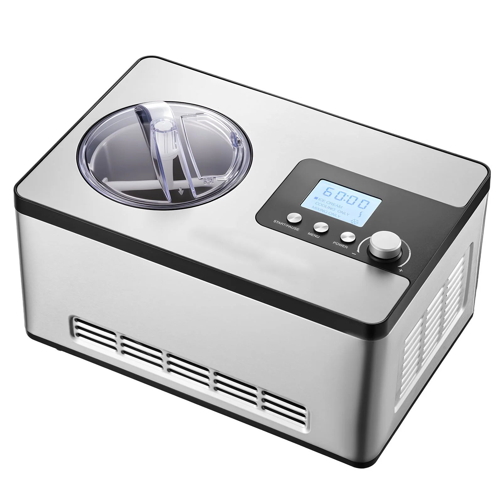 Automatic Ice Cream Maker with Built-In Compressor, 2 Quart No Pre-Freezing Fruit Yogurt Machine, Stainless Steel Electric Sorbet Maker, 3 Modes Gelato Maker with LCD Display & Timer, Silver