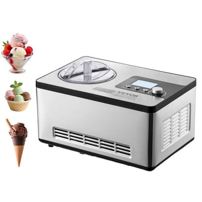 Automatic Ice Cream Maker with Built-In Compressor, 2 Quart No Pre-Freezing Fruit Yogurt Machine, Stainless Steel Electric Sorbet Maker, 3 Modes Gelato Maker with LCD Display & Timer, Silver