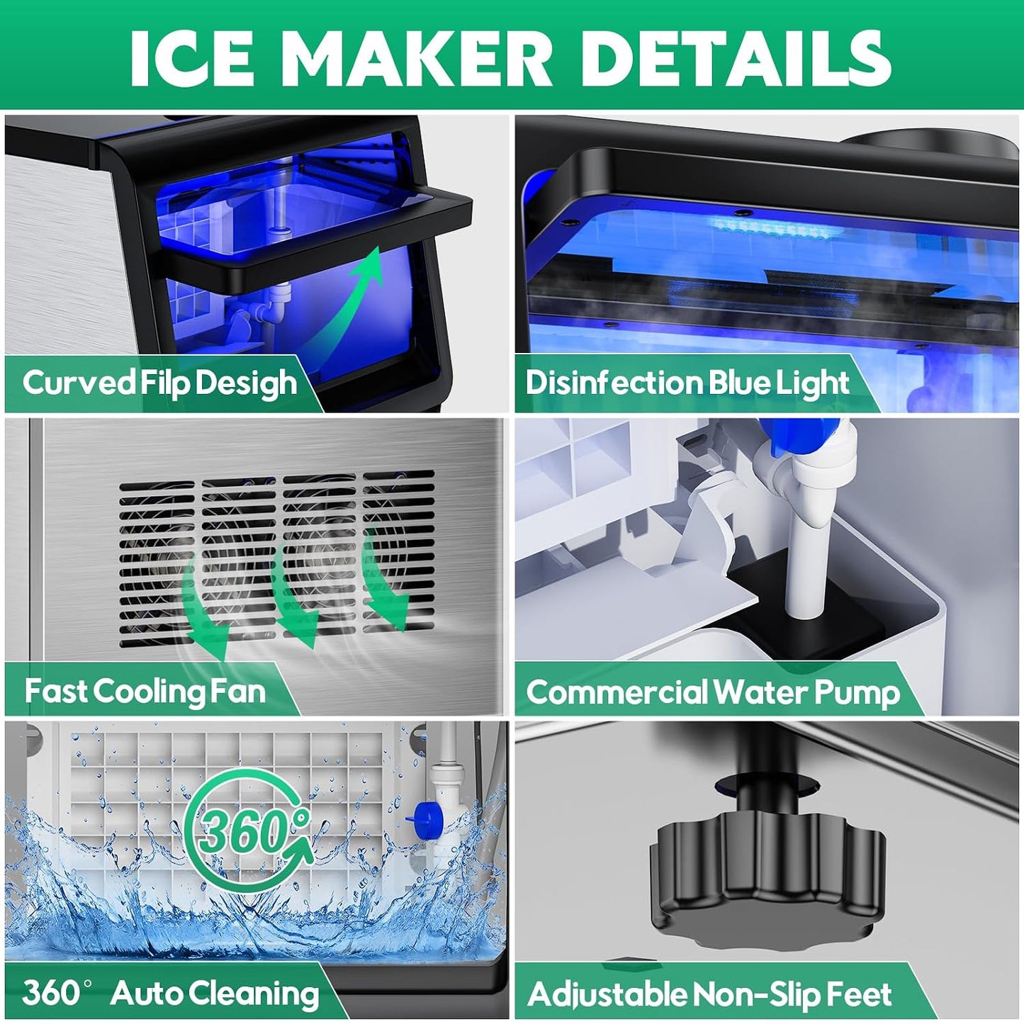 Commercial Ice Maker Machine 130Lbs/24H, 30Lbs Storage, 2 Water Inlet Modes | 45Pcs Clear Ice Cubes Ready in 8-15Mins, Stainless Steel, Supports 3/5-Gallon Bottle, Fast Ice Making Anto-Clean