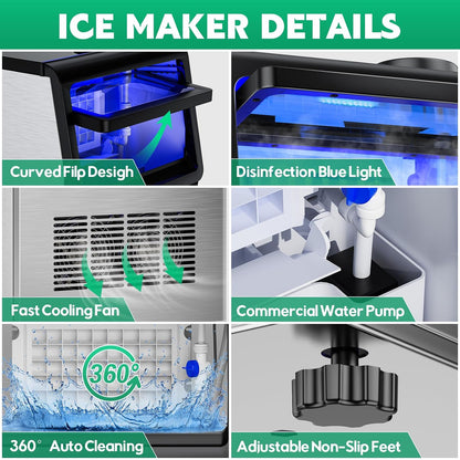 Commercial Ice Maker Machine 130Lbs/24H, 30Lbs Storage, 2 Water Inlet Modes | 45Pcs Clear Ice Cubes Ready in 8-15Mins, Stainless Steel, Supports 3/5-Gallon Bottle, Fast Ice Making Anto-Clean