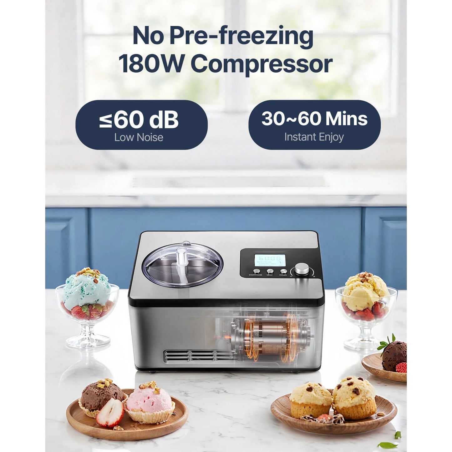 Automatic Ice Cream Maker with Built-In Compressor, 2 Quart No Pre-Freezing Fruit Yogurt Machine, Stainless Steel Electric Sorbet Maker, 3 Modes Gelato Maker with LCD Display & Timer, Silver