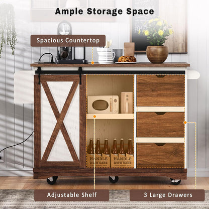 55.5" Farmhouse Kitchen Island with Drop Leaf, Kitchen Storage Island with Barn Door, Power Outlet, Rolling Kitchen Cart on Wheels with Spice Rack, for Home, Kitchen, Dining Room, White