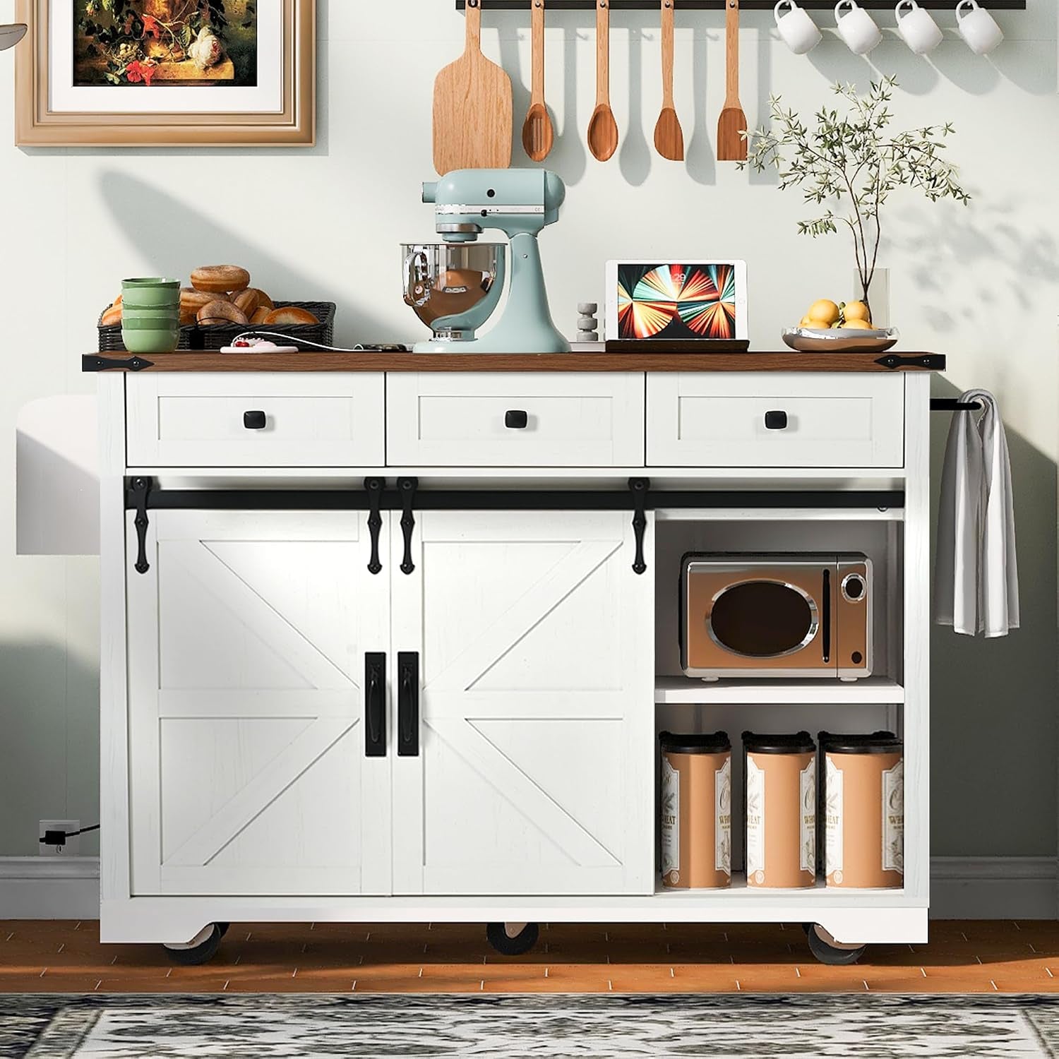 53.7" Farmhouse Kitchen Island Cart with Charging Station, Rolling Kitchen Island Table with Drop-Leaf, 3 Drawers, Barn Doors, Large, White