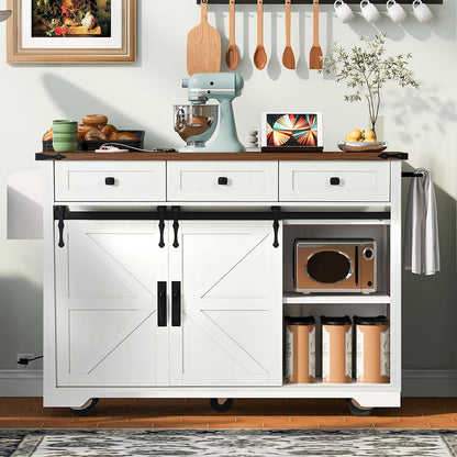 53.7" Farmhouse Kitchen Island Cart with Charging Station, Rolling Kitchen Island Table with Drop-Leaf, 3 Drawers, Barn Doors, Large, White