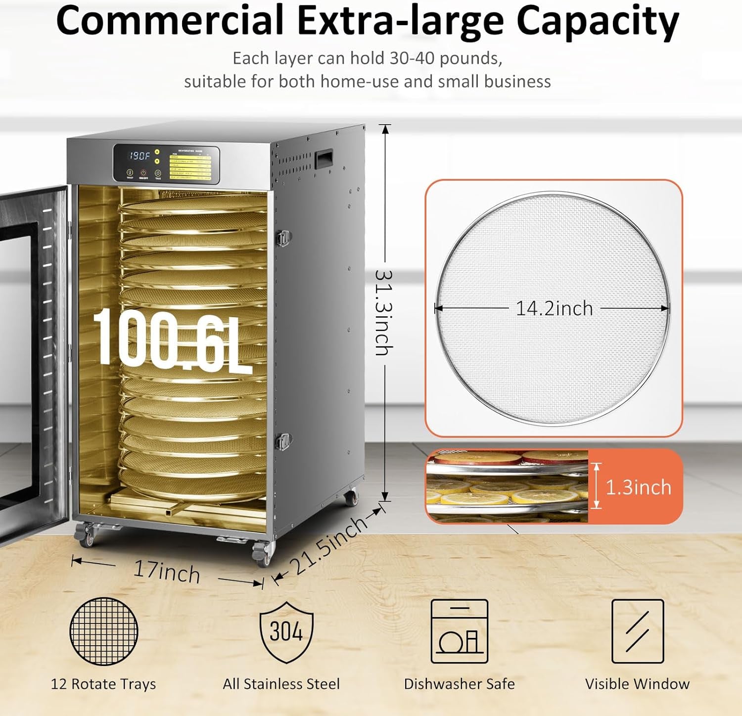 360 Rotating Dehydrator 16 Trays, Commercial Large Capacity Auto-Rotate Food Dryer Machine with Timer, for Beef Jerky Herbs Dog Treats, 1500W Fast Drying Industrial Dehydrater Stainless Steel